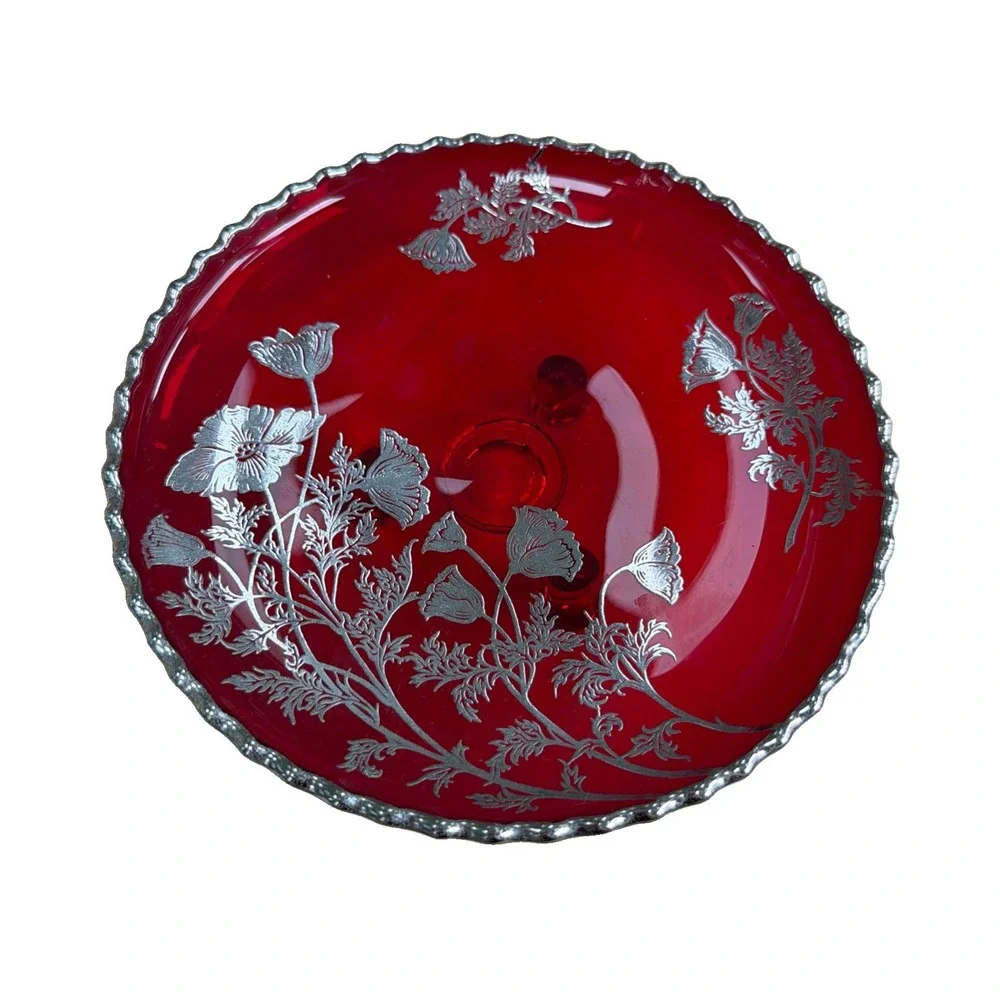 VTG Ruby Red Glass Footed Dish Scalloped Edge Poppy Sterling Overlay  Round 7.5